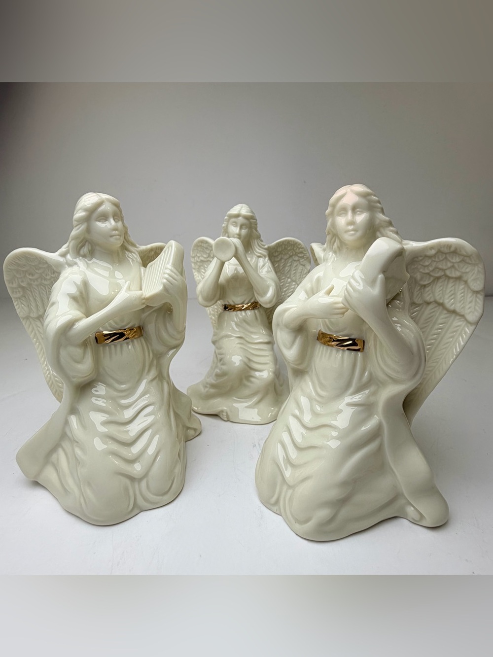 Lenox Porcelain Musical Angels Set of 3 Harp Horn Gold Trim Christmas Figurines